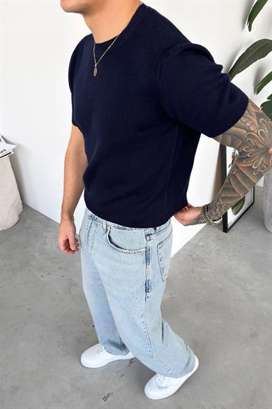 Lacivert Basic Bisiklet Yaka Triko Relaxed Tişört