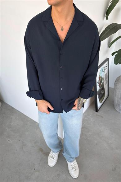 Lacivert Basic Dokulu Relaxed Gömlek