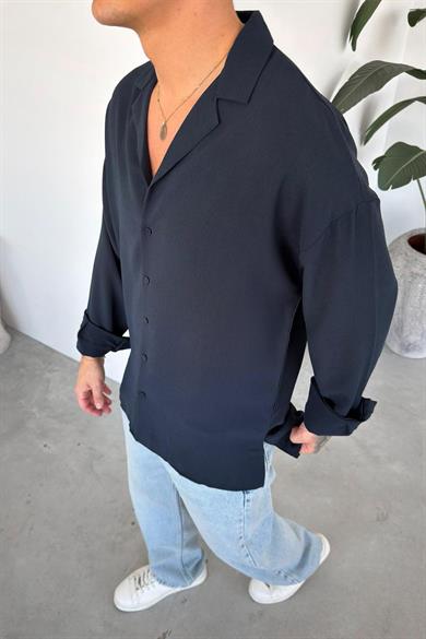 Lacivert Basic Dokulu Relaxed Gömlek