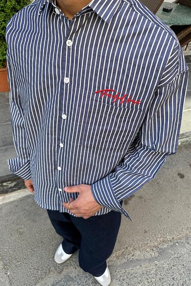 Lacivert Basic Nakış Detay DAD Oversize Gömlek