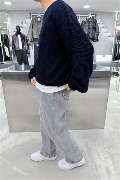 Lacivert Basic Örgülü Oversize Triko Kazak