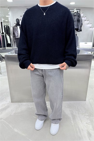 Lacivert Basic Örgülü Oversize Triko Kazak