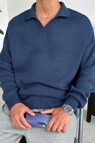 Lacivert Basic Polo Yaka Triko Kazak