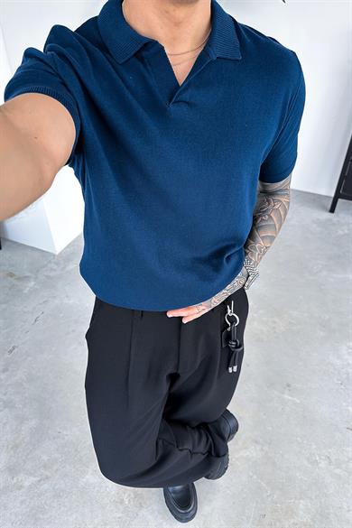Lacivert Basic Polo Yaka Triko Relaxed Tişört