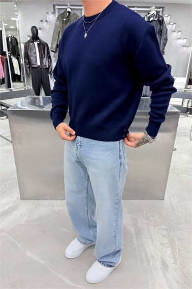 Lacivert Basic Premium Düğme Detaylı Boxy Fit Kazak