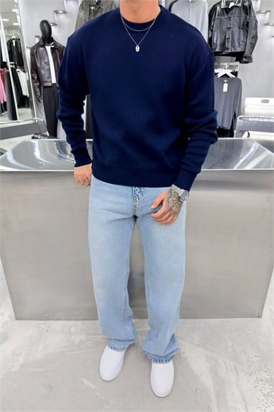 Lacivert Basic Premium Düğme Detaylı Boxy Fit Kazak