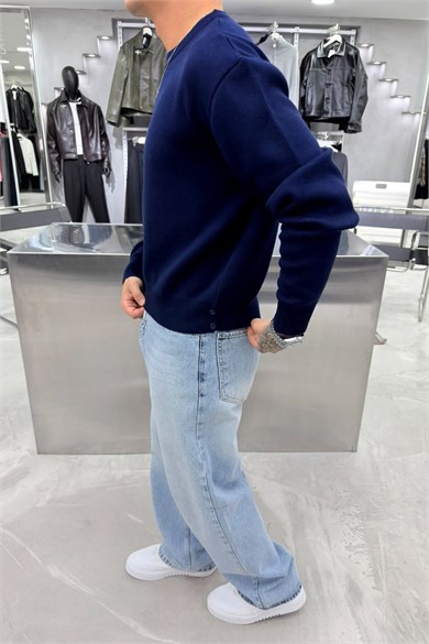 Lacivert Basic Premium Düğme Detaylı Boxy Fit Kazak