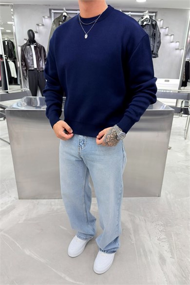 Lacivert Basic Premium Düğme Detaylı Boxy Fit Kazak