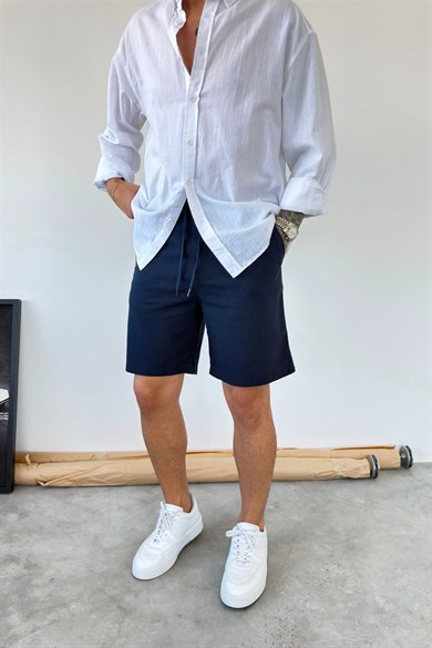 Lacivert Basic Relax Fit Keten Şort