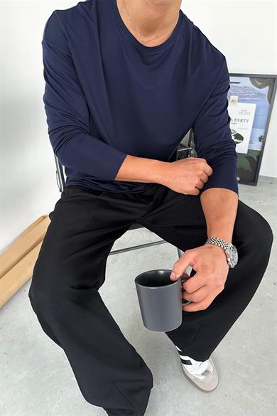Lacivert Basic Soft Likralı Relax Fit Uzun Kollu Tişört