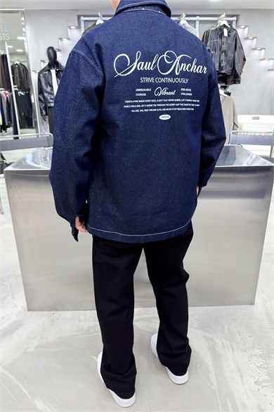 Lacivert Baskılı Oversize Kot Gömlek