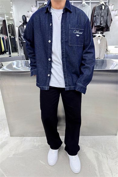 Lacivert Baskılı Oversize Kot Gömlek