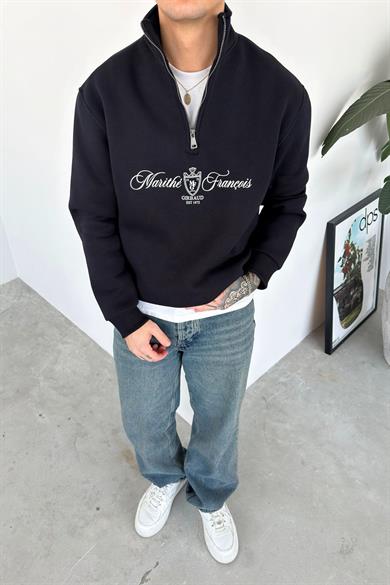Lacivert Baskılı Yarım Fermuar Oversze Sweatshirt
