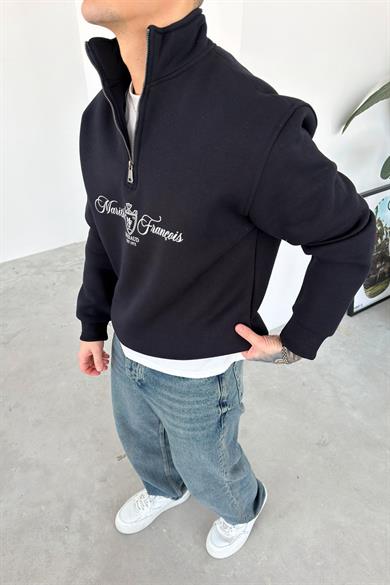 Lacivert Baskılı Yarım Fermuar Oversze Sweatshirt