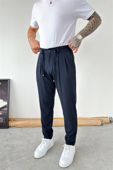 Lacivert Beli İp Detaylı Regular Fit Kumaş Pantolon