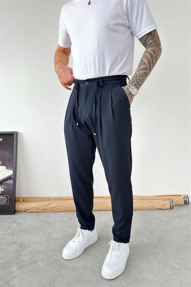 Lacivert Beli İp Detaylı Regular Fit Kumaş Pantolon