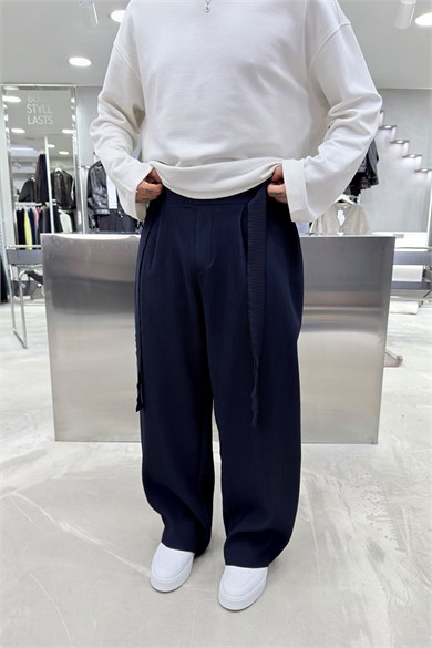 Lacivert Beli Kuşaklı Fitilli Süper Baggy Pantolon