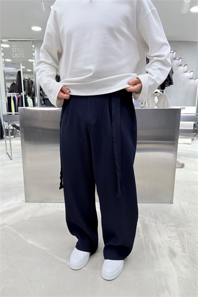 Lacivert Beli Kuşaklı Fitilli Süper Baggy Pantolon