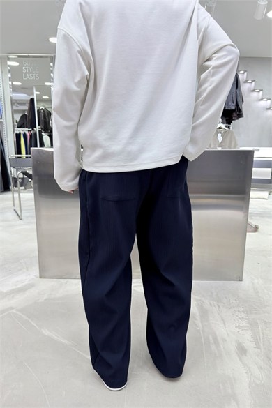 Lacivert Beli Kuşaklı Fitilli Süper Baggy Pantolon