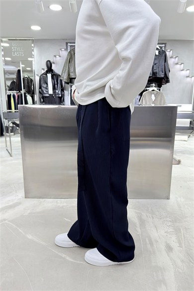 Lacivert Beli Kuşaklı Fitilli Süper Baggy Pantolon