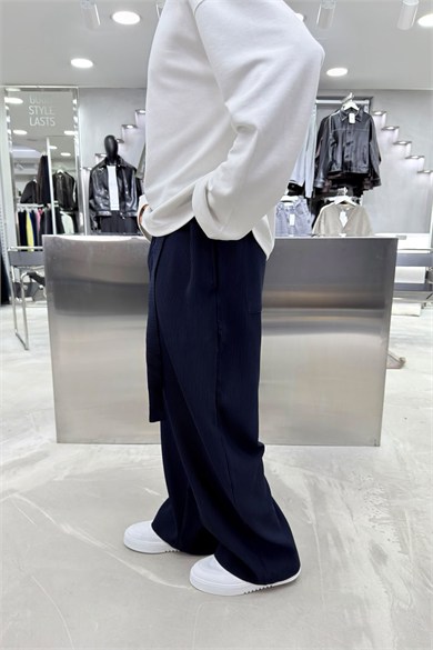 Lacivert Beli Kuşaklı Fitilli Süper Baggy Pantolon
