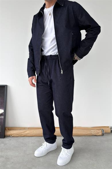 Lacivert Beli Lastikli Dokulu Baggy Pantolon