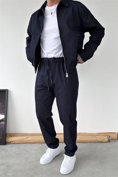 Lacivert Beli Lastikli Dokulu Baggy Pantolon