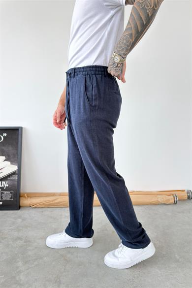Lacivert Beli Lastikli Keten Pantolon