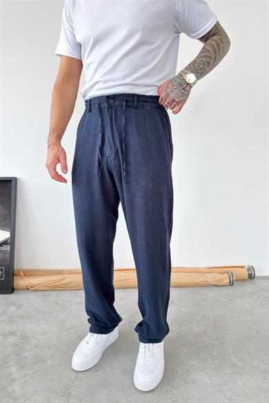 Lacivert Beli Lastikli Keten Pantolon