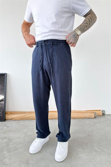 Lacivert Beli Lastikli Keten Pantolon
