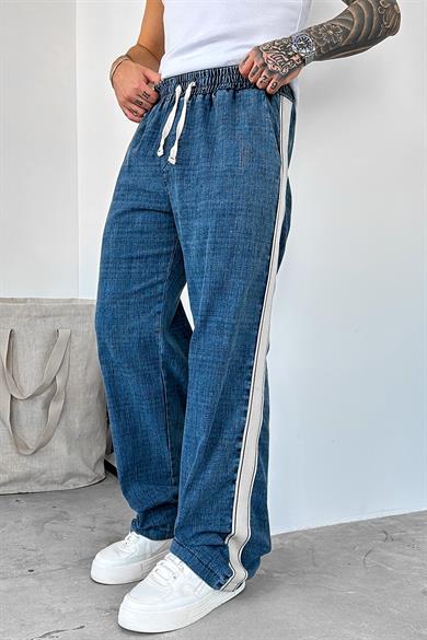 Lacivert Beli Lastikli Şerit Detay Premium Baggy Pantolon