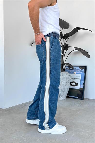 Lacivert Beli Lastikli Şerit Detay Premium Baggy Pantolon