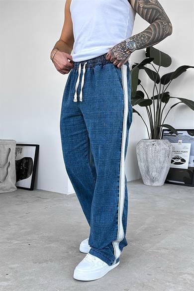 Lacivert Beli Lastikli Şerit Detay Premium Baggy Pantolon