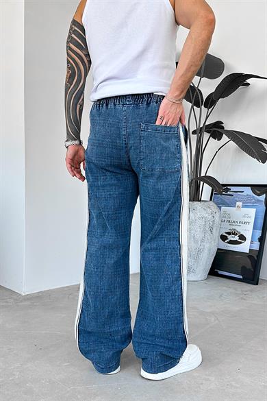 Lacivert Beli Lastikli Şerit Detay Premium Baggy Pantolon