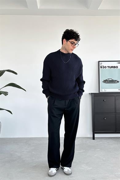 Lacivert Bisiklet Yaka Fitilli Oversize Triko Kazak