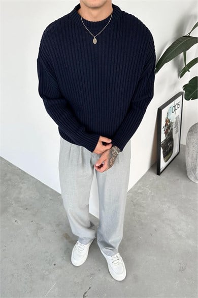 Lacivert Bisiklet Yaka Fitilli Oversize Triko Kazak