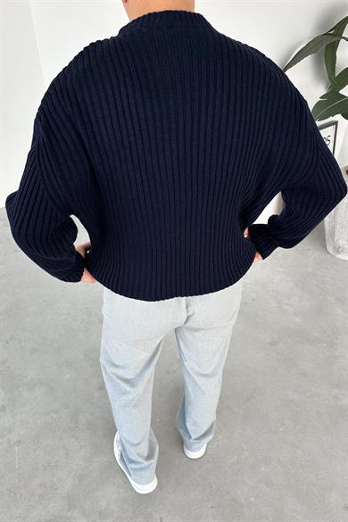 Lacivert Bisiklet Yaka Fitilli Oversize Triko Kazak