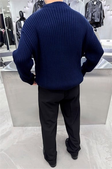 Lacivert Bisiklet Yaka Fitilli Oversize Triko Kazak
