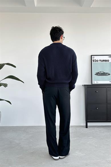 Lacivert Bisiklet Yaka Fitilli Oversize Triko Kazak