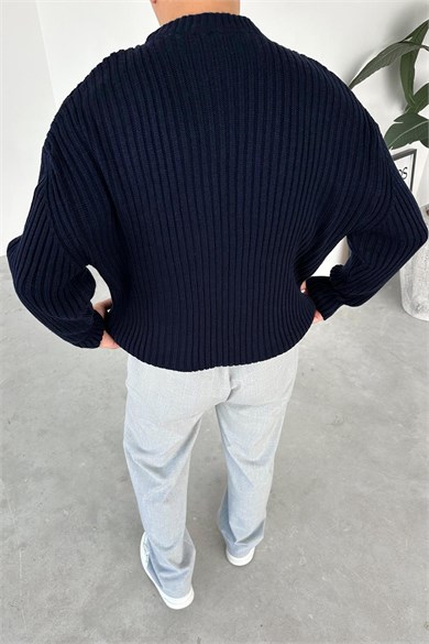 Lacivert Bisiklet Yaka Fitilli Oversize Triko Kazak
