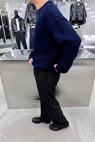Lacivert Bisiklet Yaka Fitilli Oversize Triko Kazak