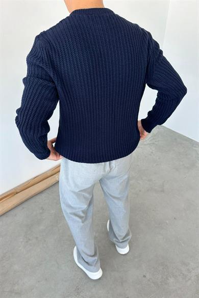 Lacivert Bisiklet Yaka Oversize Örgü Kazak