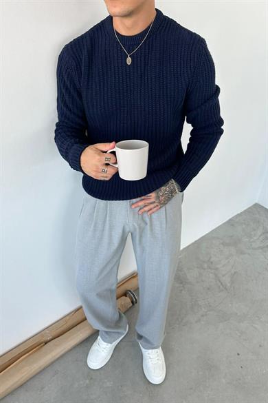 Lacivert Bisiklet Yaka Oversize Örgü Kazak