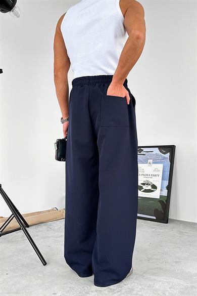 Lacivert Çimalı Beli Lastikli Baggy Kumaş Pantolon