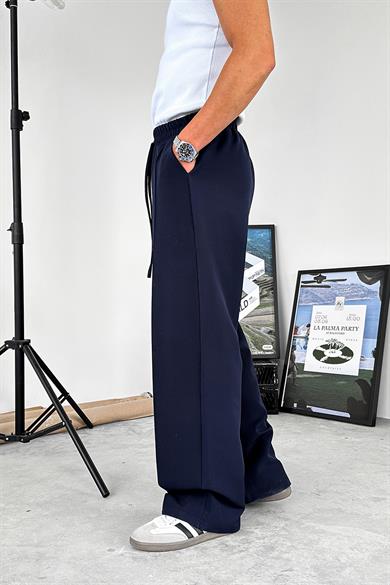 Lacivert Çimalı Beli Lastikli Baggy Kumaş Pantolon