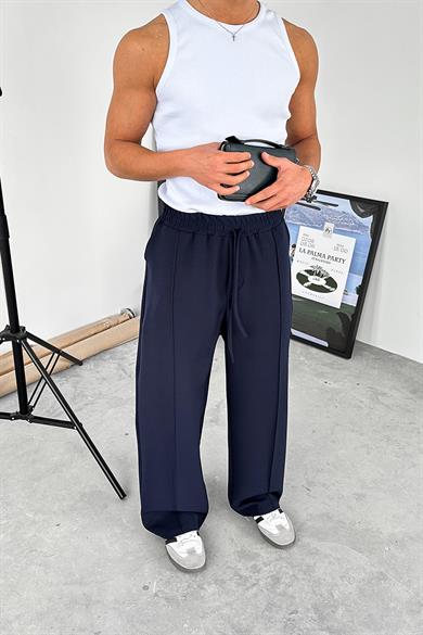 Lacivert Çimalı Beli Lastikli Baggy Kumaş Pantolon