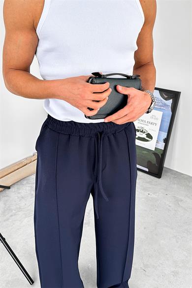 Lacivert Çimalı Beli Lastikli Baggy Kumaş Pantolon