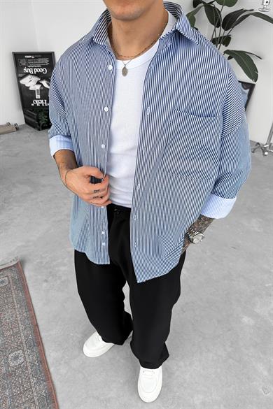 Lacivert Çizgili Kabartma Detay Oversize Gömlek