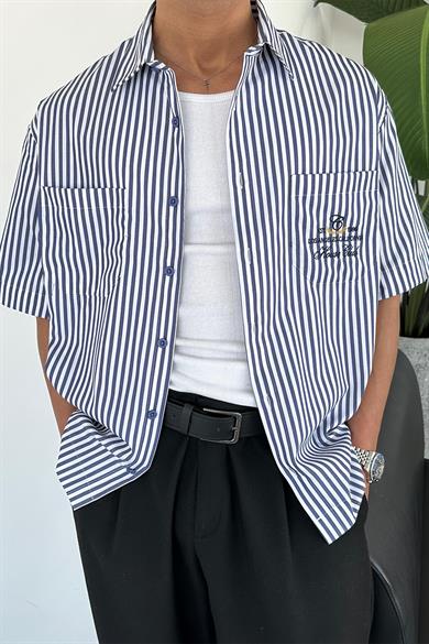 Lacivert Çizgili Los Angeles Nakış Oversize Gömlek