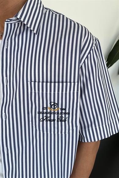 Lacivert Çizgili Los Angeles Nakış Oversize Gömlek